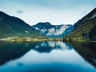 Fototapeta premium Aerial view of Austrian lake with beautuful mountain landscape