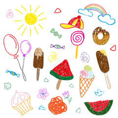 Children s color drawings in pencil and chalk on the theme of summer and sweets. Separate elements on a white background. Vector illustration