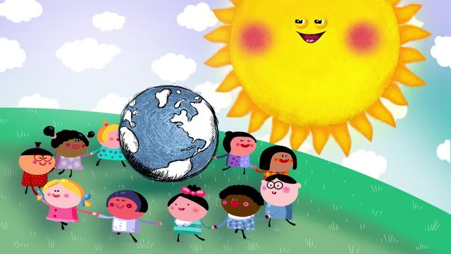 Childrens day. Happy kids with sun and big earth ball. Children group of different nations are dancing together in a circle holding their hands. Good for titles. Loop.