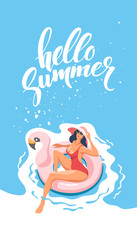 Hello summer. Happy vacation. Sexy young woman in swimsuit swimming on pink inflatable flamingo. Vector illustration.