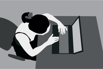 girl works on the computer. black and white vector illustration