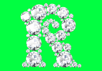 Diamond alphabet on green background, 3D Rendering.