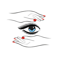 Fashion or health care concept. Female hands with red manicure protect women eye with long lashes. Vector illustration.