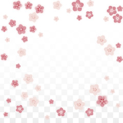 Vector Realistic Pink Flowers Falling on Transparent Background.  Spring Romantic Flowers Illustration. Flying Petals. Sakura Spa Design. Blossom Confetti. Design Elements for Wedding Decoration.
