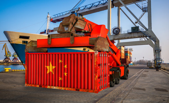 The container in the colors of the People's Republic of China in the port-3d illustration