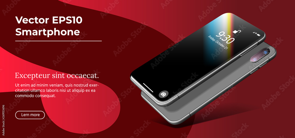 Poster black smartphone. vector 3d realistic cell phone in perspective view. digital mockup with on trendy 