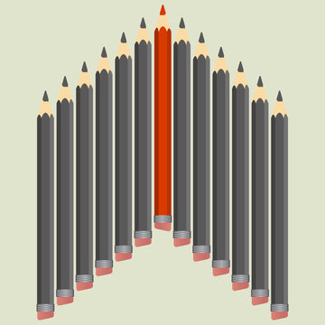 Leadership concept. Group of black pencils with red one. Vector illustration.