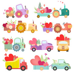 Collection of Cute Tractors and Trucks Full of Flowers and Hearts, Colorful Agricultural Farm Transport Vector Illustration