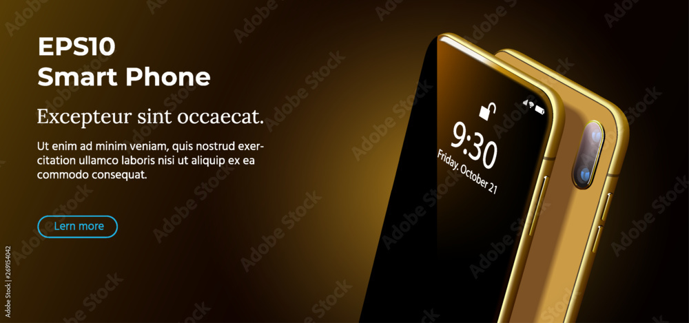 Poster set mock-up of modern gold smart phone on smooth dark brown back in perspective view. realistic vect