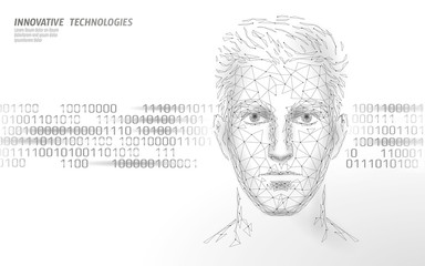 Low poly male human face biometric identification. AI artificial intelligence assistant system concept. Personal online chatbot help center innovation technology. 3D polygonal vector illustration