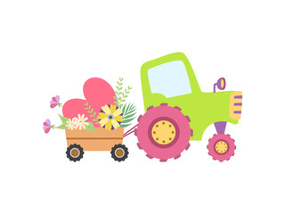 Cute Tractor with Hearts and Spring or Summer Flowers, Colorful Agricultural Farm Transport with Cart Vector Illustration