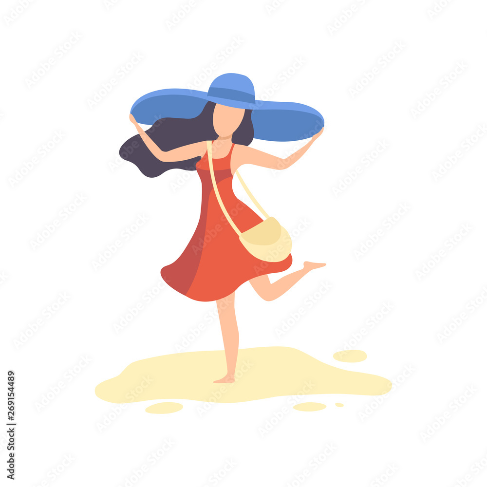 Sticker Happy Brinette Girl in Red Dress and Blue Hat Relaxing on Beach on Summer Vacation Vector Illustration