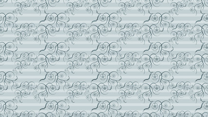 Seamless floral pattern in blue tones with a background of stripes. Vector