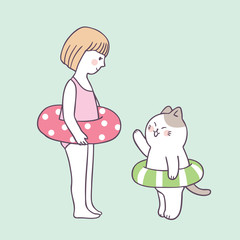 Cartoon cute girl and cat vector.
