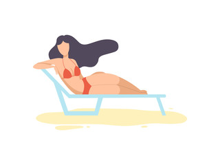 Fototapeta premium Beautiful Brunette Girl in Swimsuit Relaxing on Tropical Beach in Lounger Vacation Vector Illustration