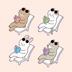 Cartoon cute summer animals reading vector.