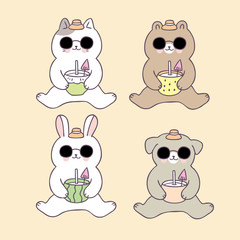 Cartoon cute summer animals drinking vector.