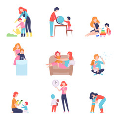 Parents Spending Time with Kids Set, Mother and Father Teaching and Playing with Sons and Daughters Vector Illustration