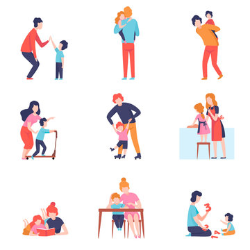 Parents Having Good Time With Kids Set, Mother And Father Teaching And Playing With Sons And Daughters Vector Illustration