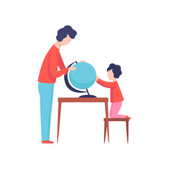 Father and Son Looking at Globe, Boy Studying Geography, Dad and Kid Spending Time Together Vector Illustration