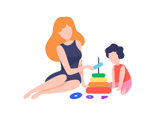 Mother Playing Pyramid Toy with Her Son, Mom and Kid Spending Time Together at Home Vector Illustration