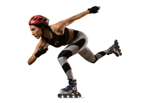 Professional woman roller skating. Isolated