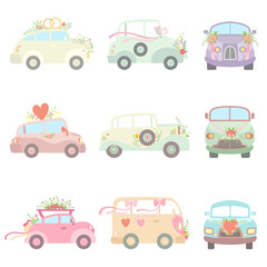Collection of Cute Vintage Cars Decorated with Flowers, Hearts and Ribbons, Romantic Wedding Retro Cars, Front and Side View Vector Illustration