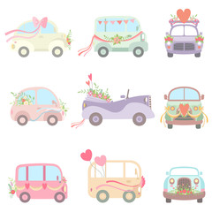 Collection of Cute Vintage Cars and Vans Decorated with Flowers, Hearts and Ribbons, Wedding Retro Cars, Front and Side View Vector Illustration