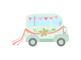 Vintage Van Decorated with Flags, Ribbons and Flowers, Wedding Retro Mini Bus, Side View Vector Illustration