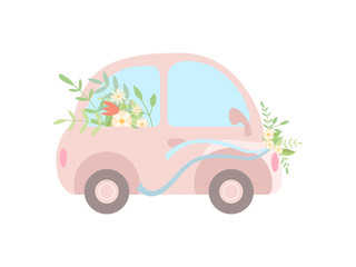 Cute Pink Vintage Car Decorated with Flowers, Romantic Wedding Retro Auto, Side View Vector Illustration