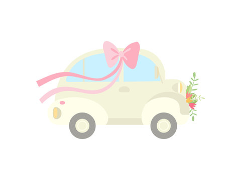 Cute Vintage Car Decorated with Bow on Roof and Flowers, Wedding Retro Auto, Side View Vector Illustration