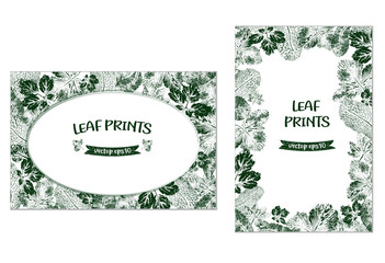 Postcards with prints of green leaf prints in horizontal and vertical view. Vector.