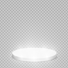 Round pedestal sanctified with light. Empty white podium illuminated mockup isolated on transparent background. Champion, first place, award, win, winner, award stair concept design. Vector