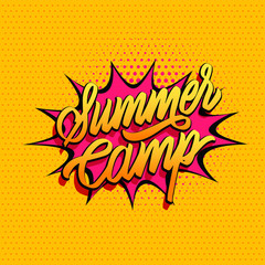 Summer camp typography design on a comic book explosion. Hand drawn lettering. Label, logo, badge, sticker, stamp