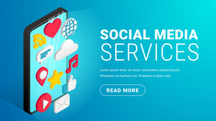 Isometric social media concept blue text button