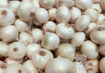 White onions on the counter in the store
