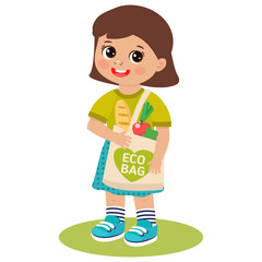 Cute Happy Young Girl With Eco Bag. Vector Cartoon Flat Style Illustration Design. Isolated On White Background. Eco Friendly People, Save Ecology Concept. Zero Waste, Ecology Lifestyle.