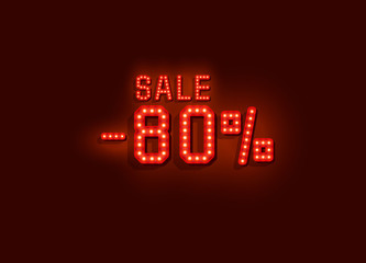 Neon 80 sale text banner. Night Sign. Vector