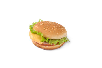 Isolation of burger with cheese and sausages