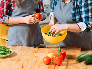 Cooking hobby. Two women making salad. Healthy nutrition habit vegetarian lifestyle. Females on diet preparing veggies.