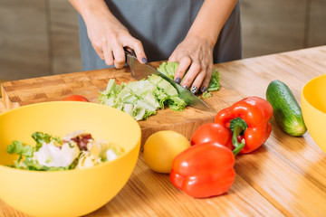 Obraz na płótnie Canvas Woman hands cutting chopping lettuce leaves. Organic fresh veggies for healthy balanced vegetarian salad recipe. Dieting.