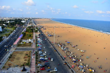 Chennai, Tamilnadu, India: January 26, 2019 - View of Marina beach from lighthouse Chennai