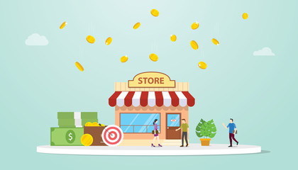 open offline store or shop business building concept with team people and money with modern flat style - vector