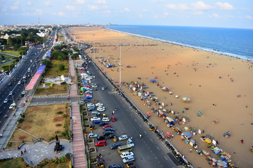 Chennai, Tamilnadu, India: January 26, 2019 - View of Marina beach from lighthouse Chennai