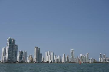 Fototapeta na wymiar Condo skyscrapers at the harbor of tourism hotspot Cartagena, Colombia