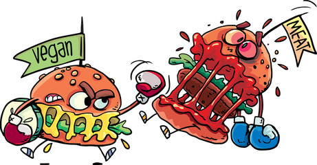 boxing match between a vegan hamburger and a classic hamburger with meat