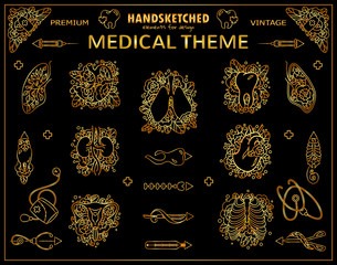 Vector vintage arts in premium gold style. Doctor, medicine, anatomy theme signs and symbols for design. Cute sketch arts for logo, doctors tattoo, greeting cards, medical jewelry design