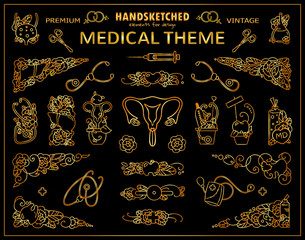 Vector vintage arts in premium gold style. Doctor, medicine, anatomy theme signs and symbols for design.  Sketch arts with stethoscope, uterus, teeth and more, doctors tattoo, medical jewelry design