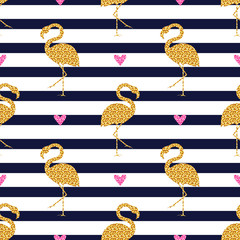 Seamless pattern with glitter flamingos and hearts. Striped background.