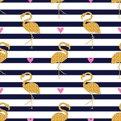 Fotobehang Glamour stijl Naadloze patroon met glitter flamingo& 39 s en harten. Gestreepte achtergrond.